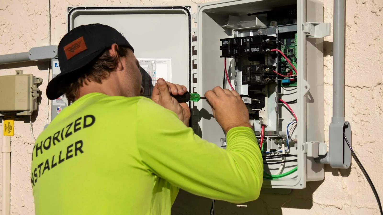 Électricien travaillant sur un tableau électrique extérieur